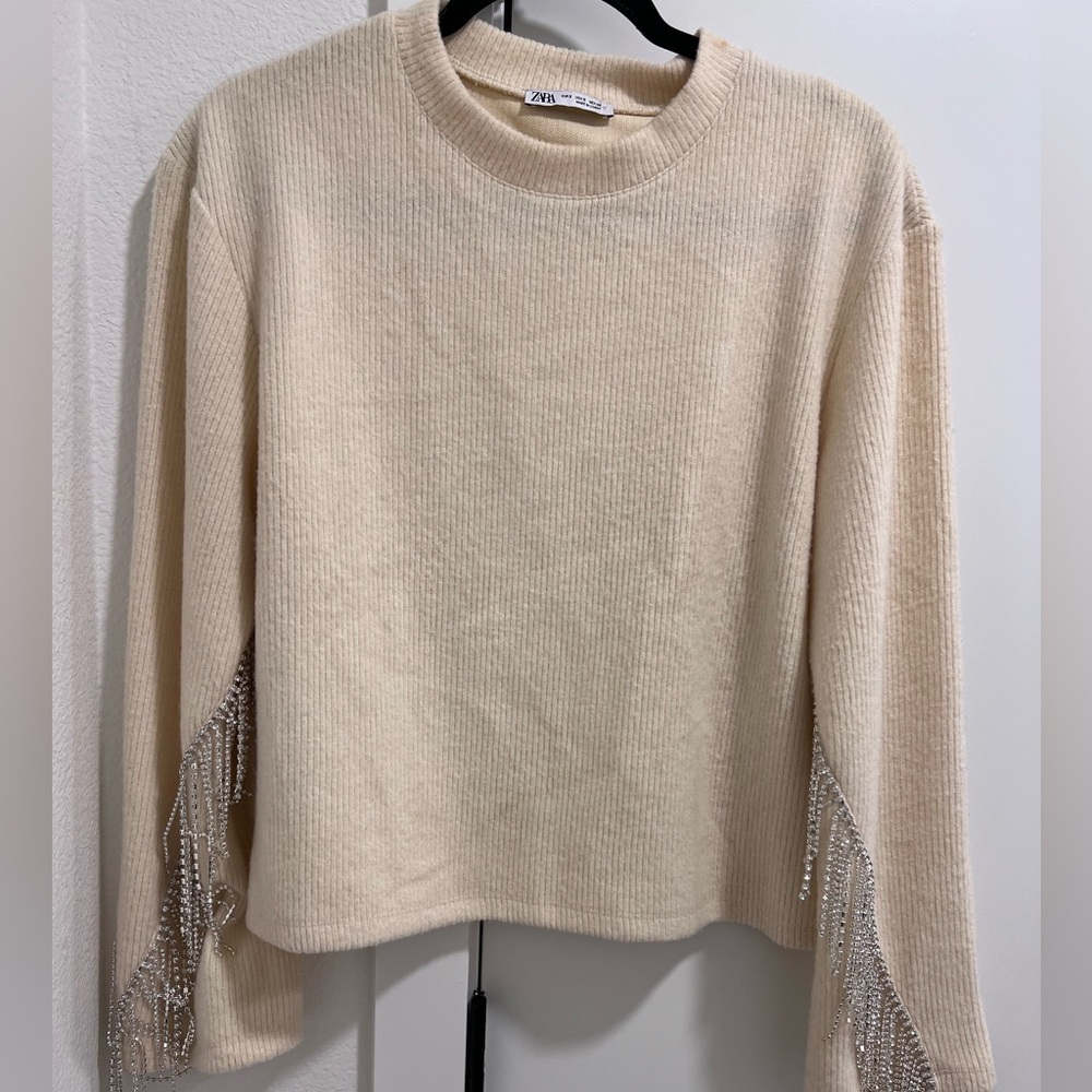 Zara Cream knitted sweater top with silver beading detail